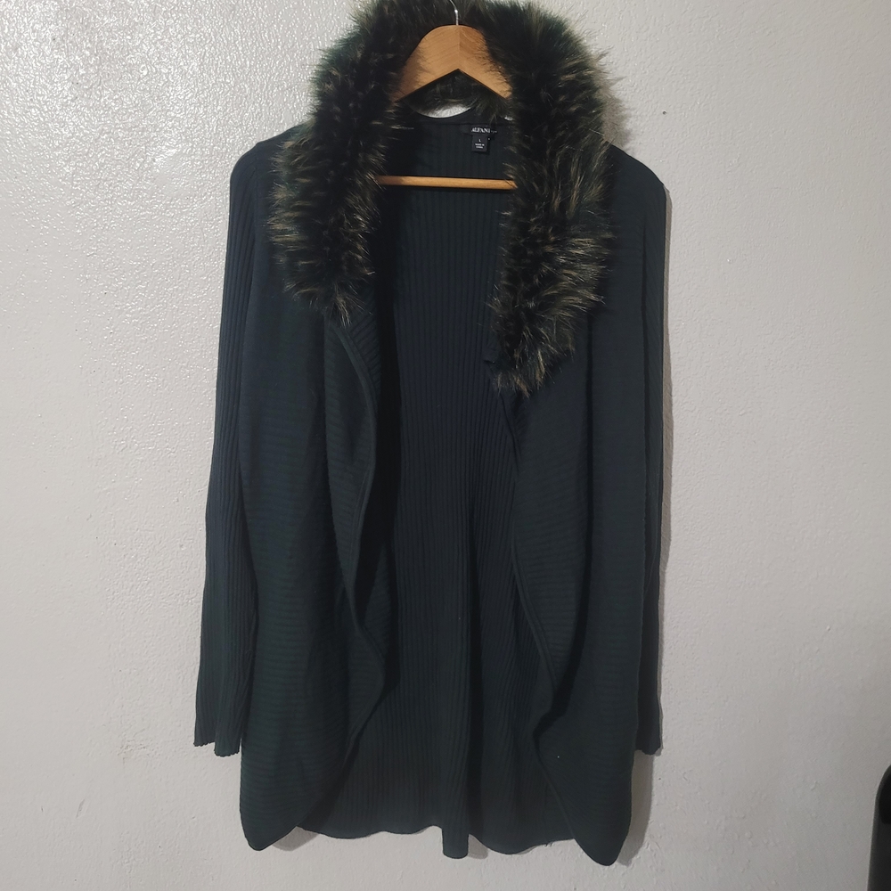 Alfani Elegant Black Cardigan with Faux Fur Trim